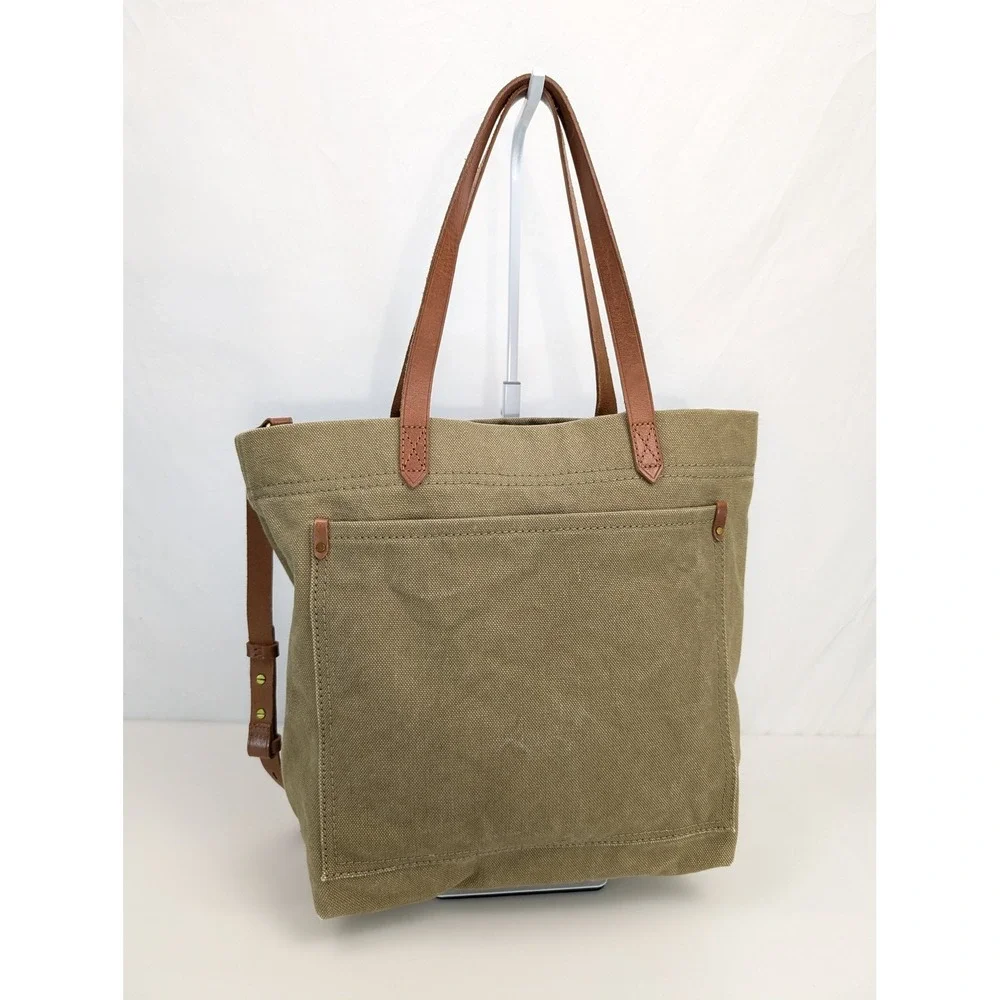 Madewell Canvas Leather Tote Bag Green Utility School Grocery Granola Beach - Picture 2 of 10